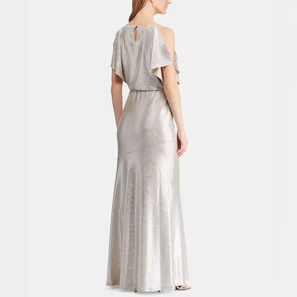 NEW Lauren Ralph Lauren Metallic Cold Shoulder Gown Champagne Formal Size 4 NWT - Picture 2 of 10